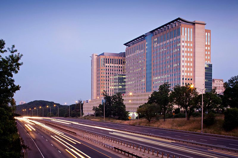 A long time exposure of the freeway and buildings.